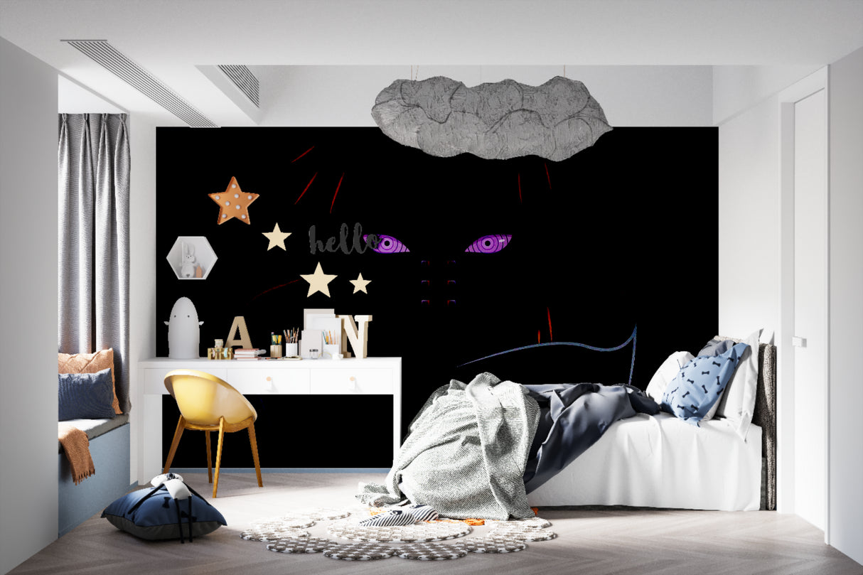 Anime eye design mural bringing character to a minimalist bedroom wall