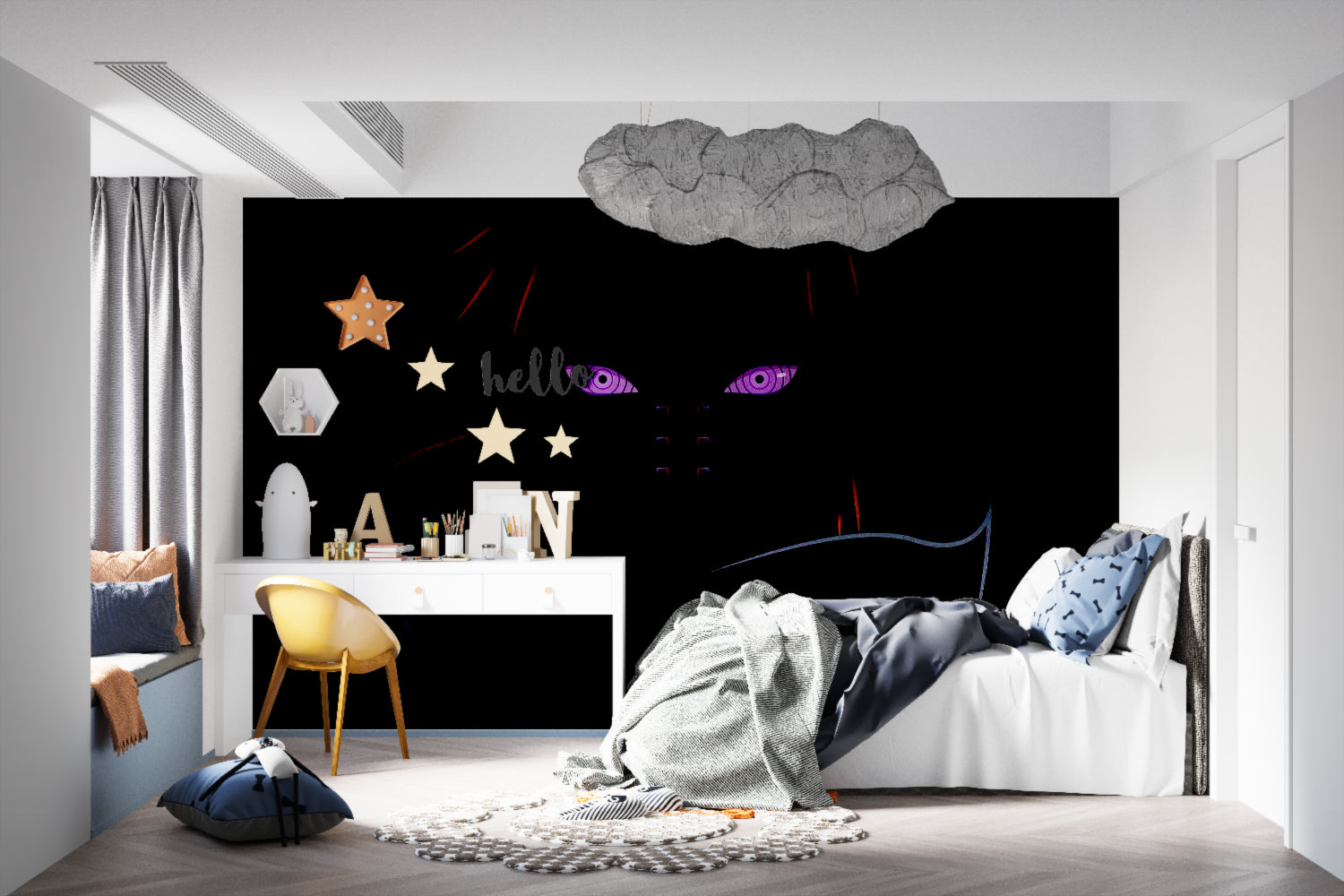 Anime eye design mural bringing character to a minimalist bedroom wall