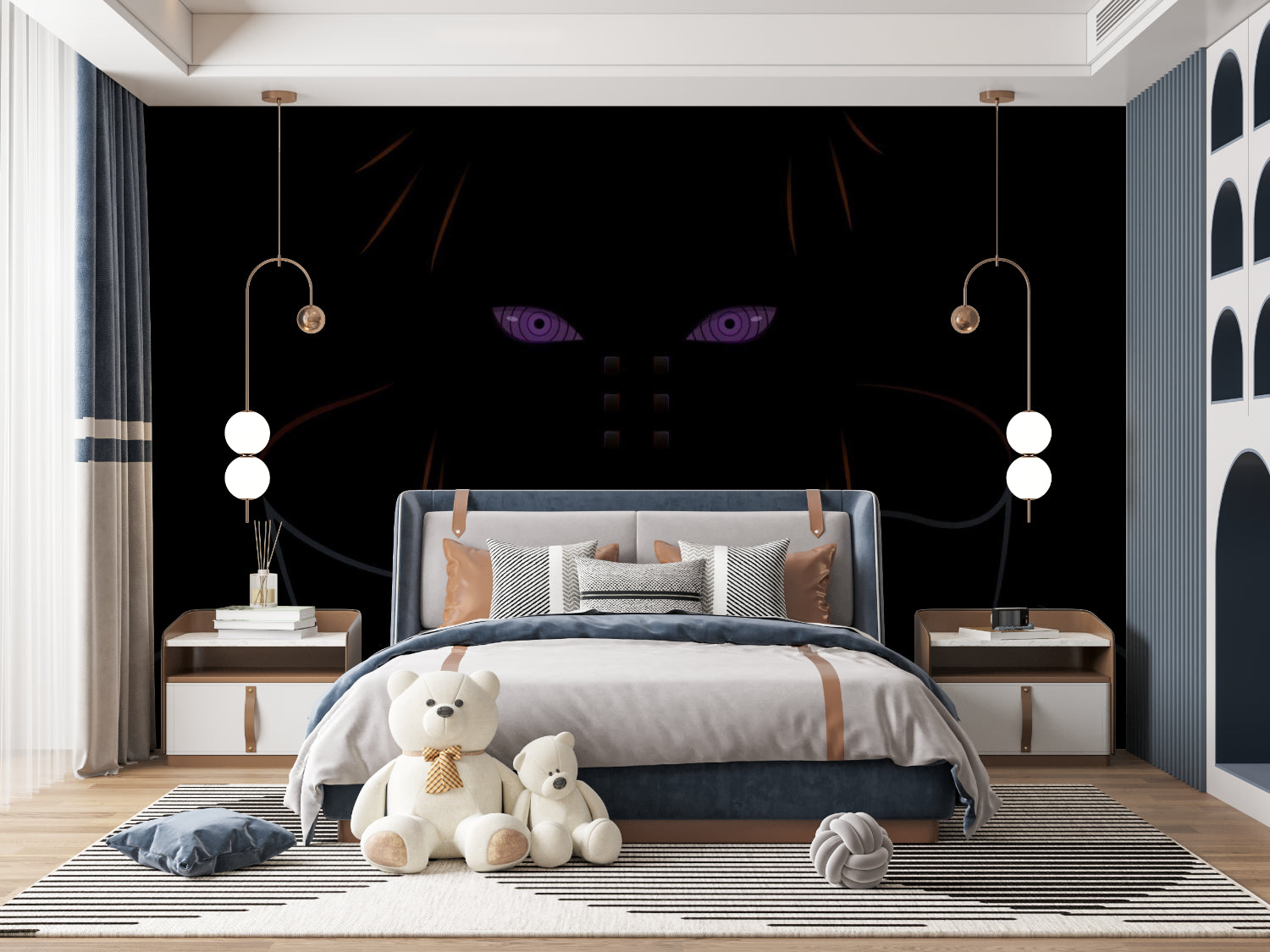 Purple anime eyes wallpaper creating depth in a cozy reading nook