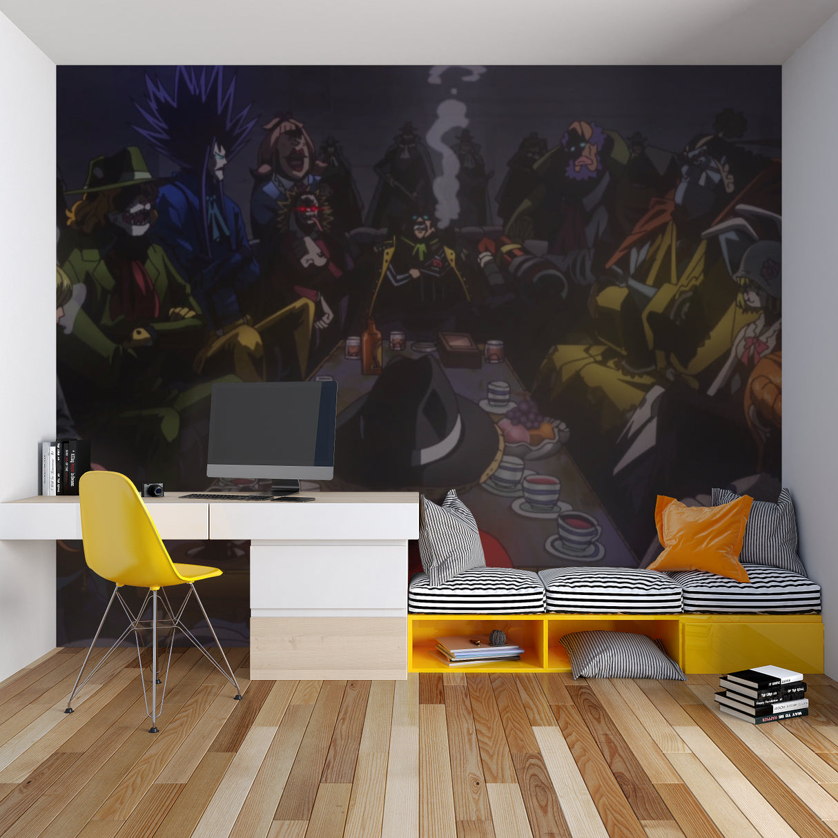 Dark fantasy anime pirates mural wallpaper in modern gaming room with ambient lighting