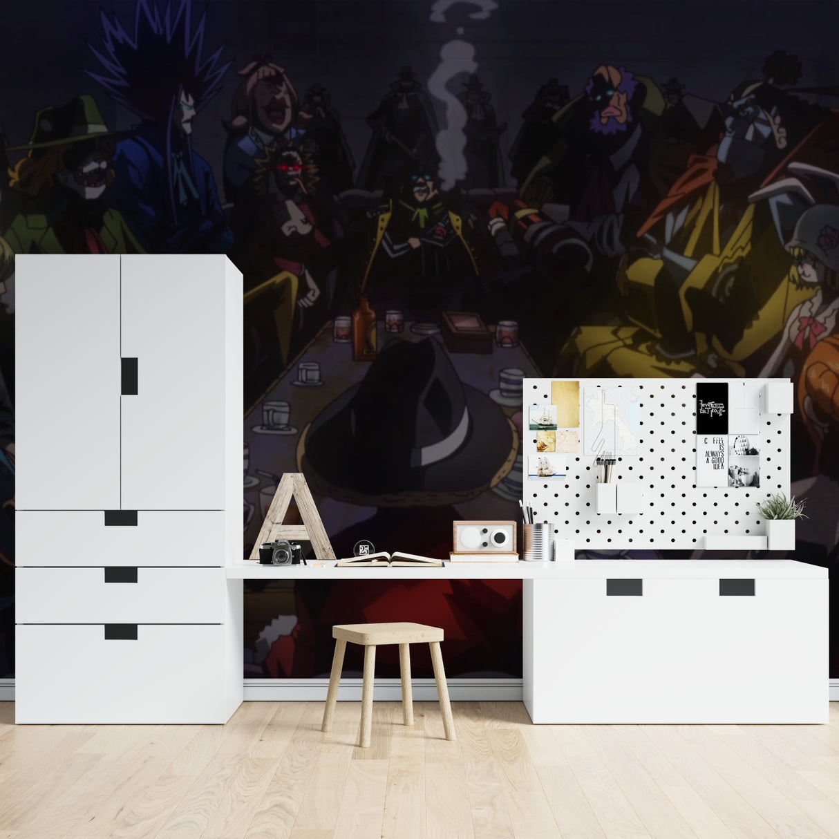 Anime wall mural showcased in teen bedroom with dramatic pirate theme