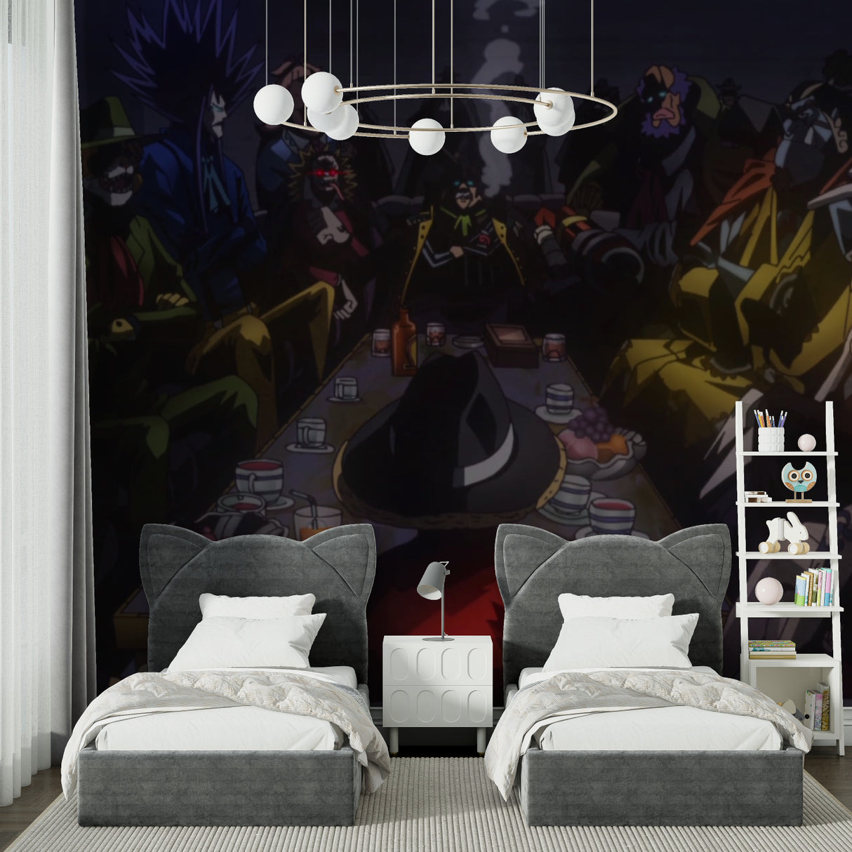 Manga-inspired pirate wallpaper creating atmosphere in creative studio space