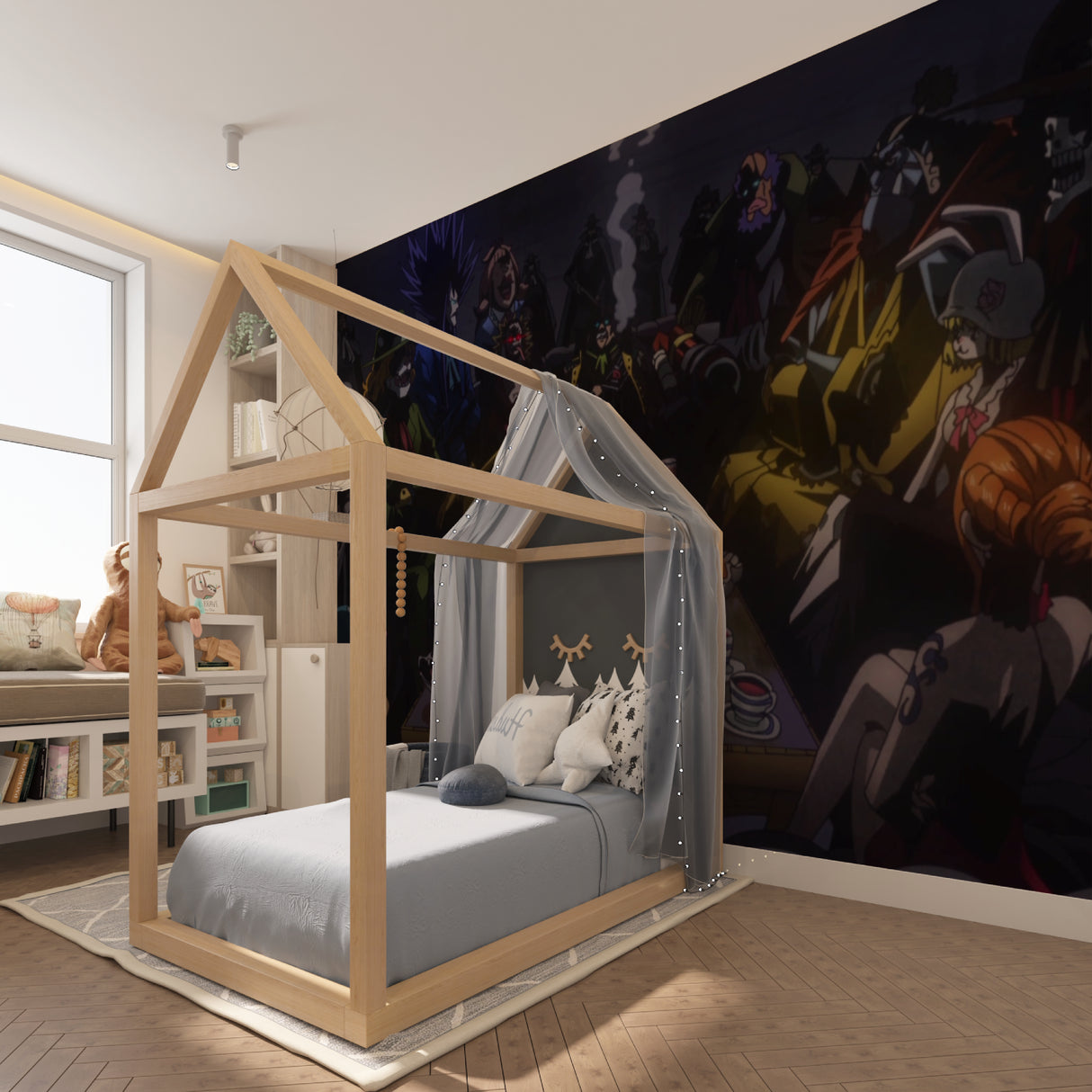 Anime pirates wall mural adding character to modern home office setup