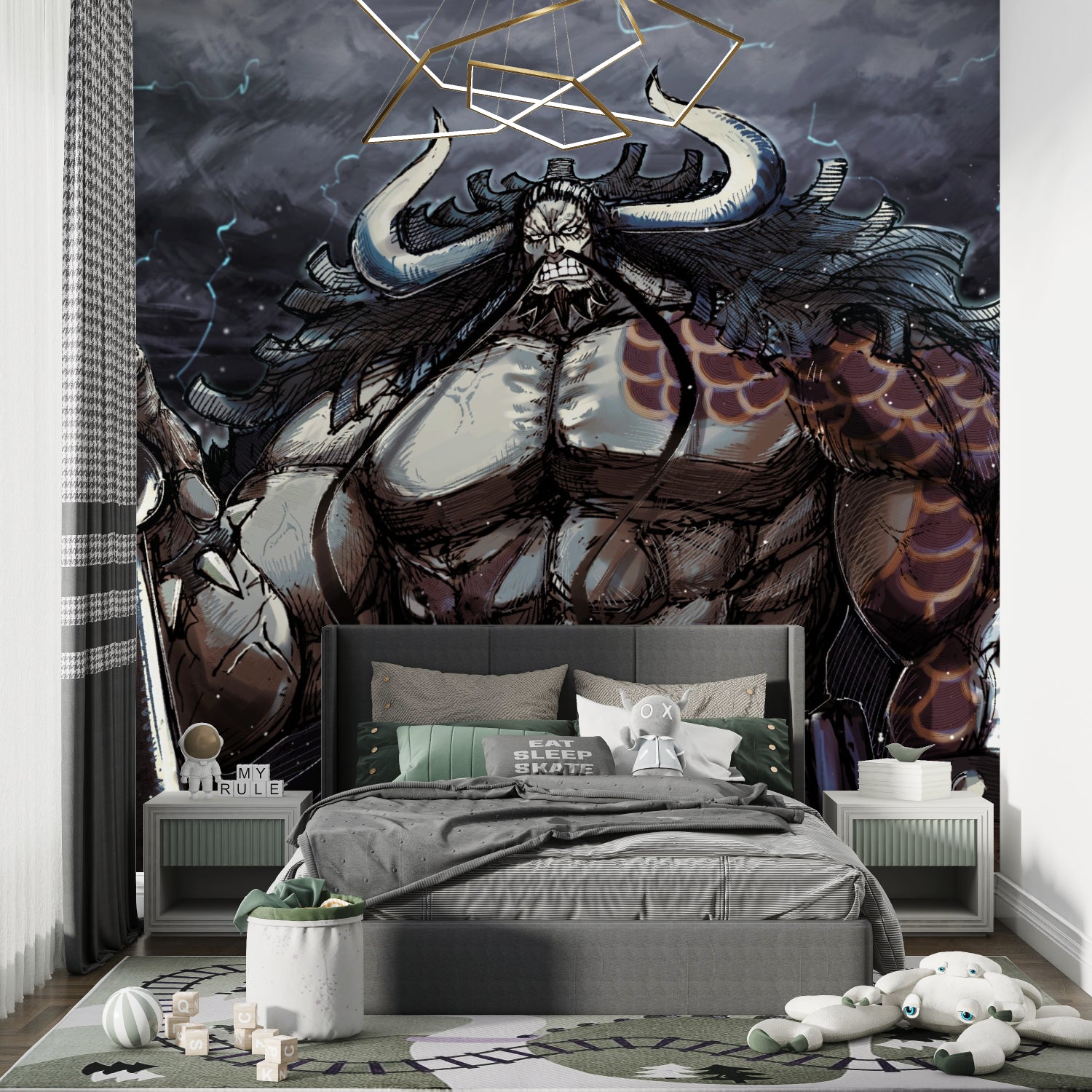 Japanese Anime Wallpaper showcased in urban style living room