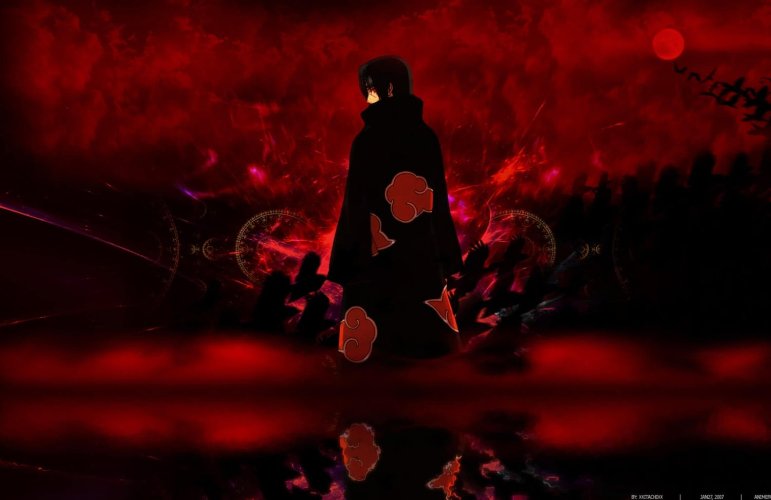 Design file of anime wallpaper pattern showing detailed red silhouettes and mystical elements