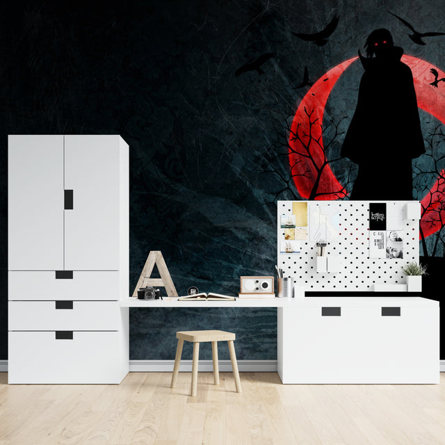 Dark anime wallpaper with red moon creating dramatic atmosphere in modern gaming room