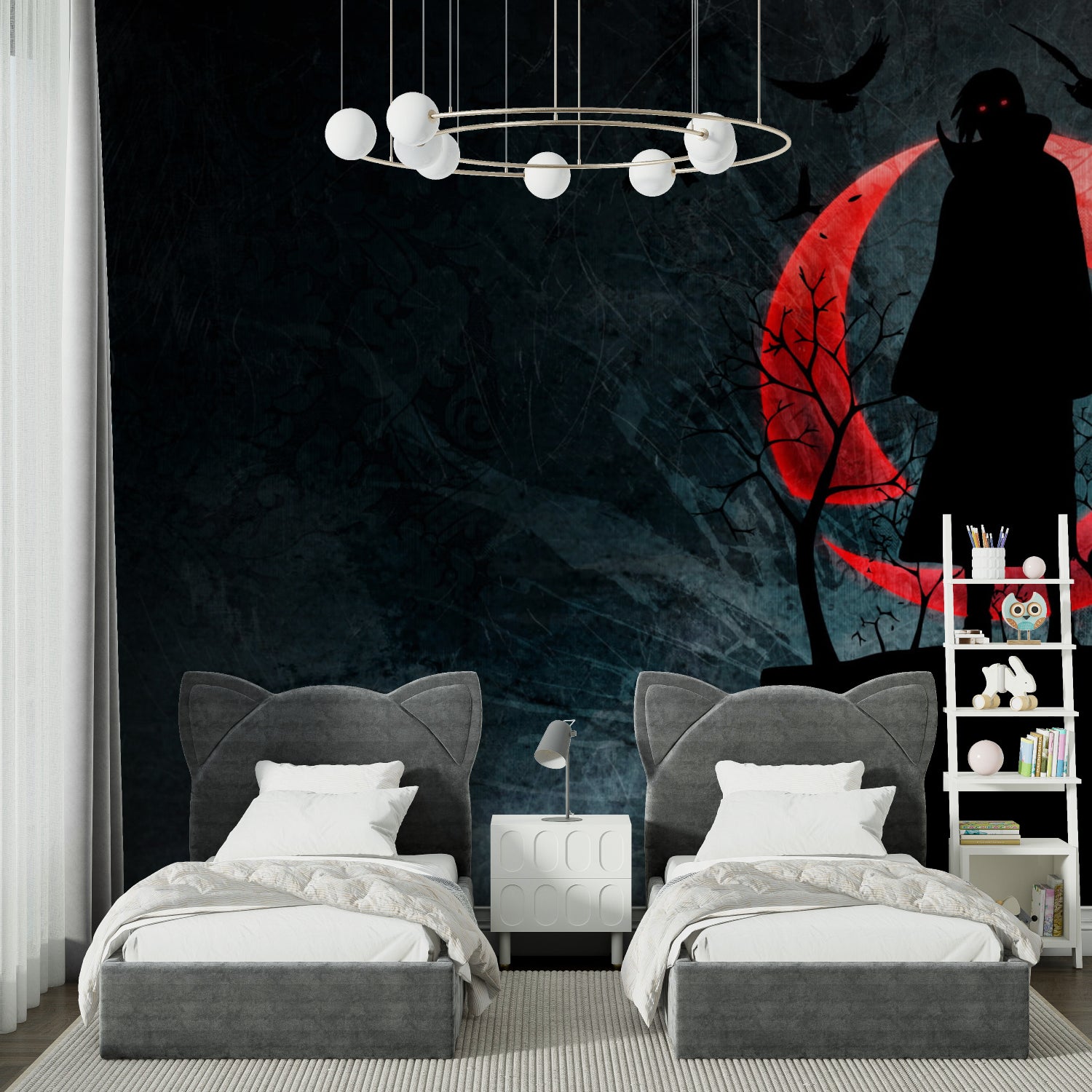 Gothic anime wall design with red moon displayed in contemporary living room