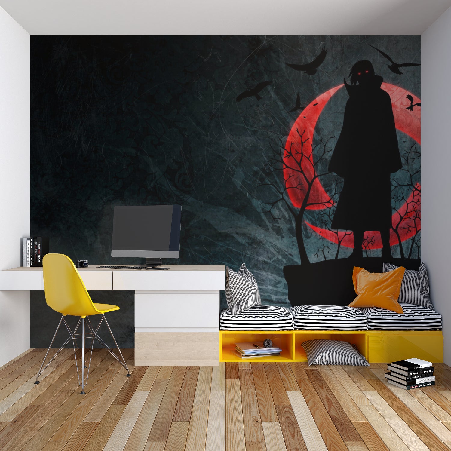 Dark fantasy anime mural making statement in modern entertainment room