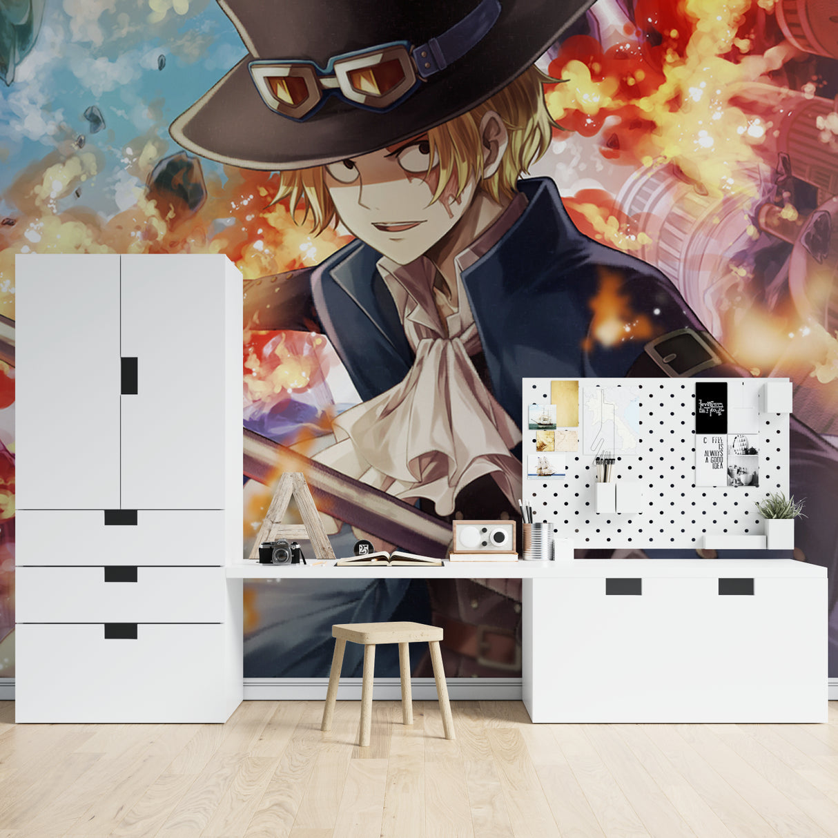Anime wallpaper mural bringing dynamic energy to a modern gaming room, featuring bold character art and flames