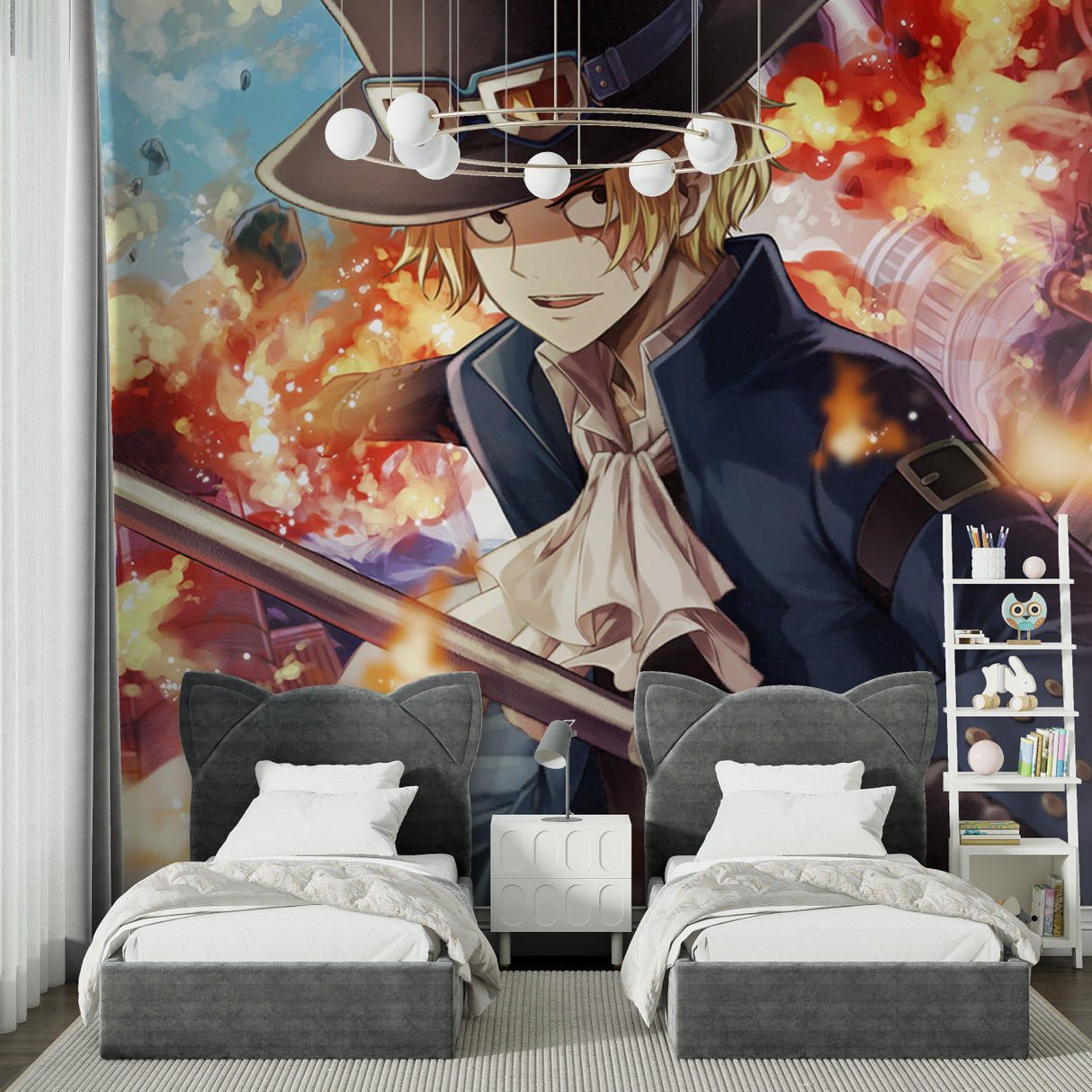 Teen bedroom transformed with anime wall mural showing dramatic character and fire effects