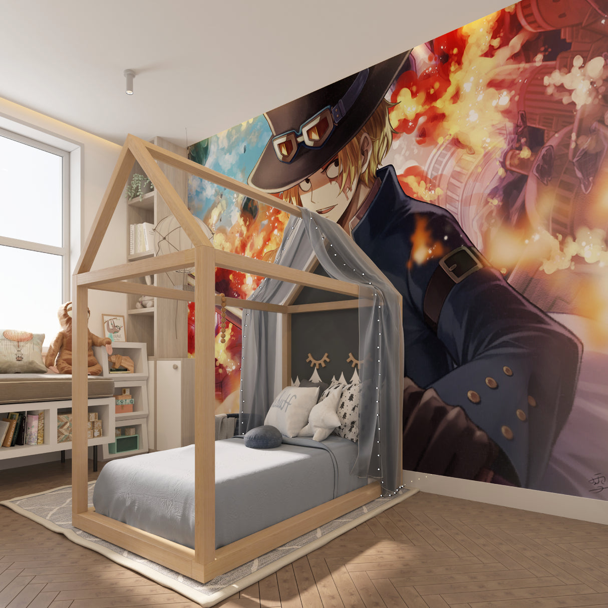 Manga style wall mural in a stylish home office, showcasing anime character with flame design