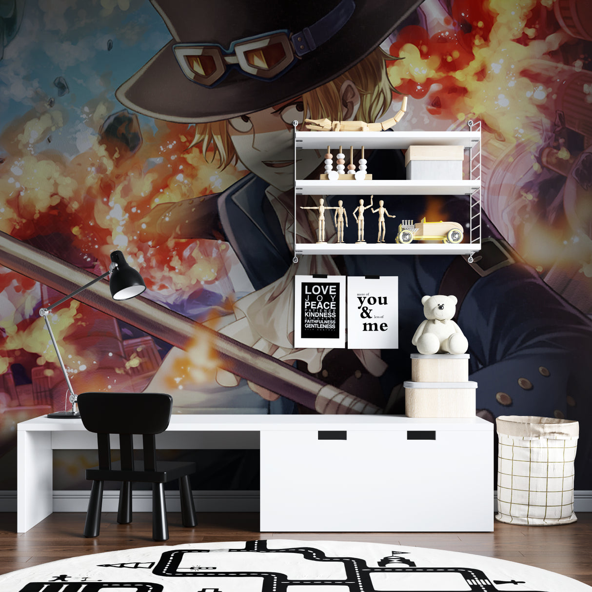 Japanese anime wallpaper creating impact in a contemporary living room setting