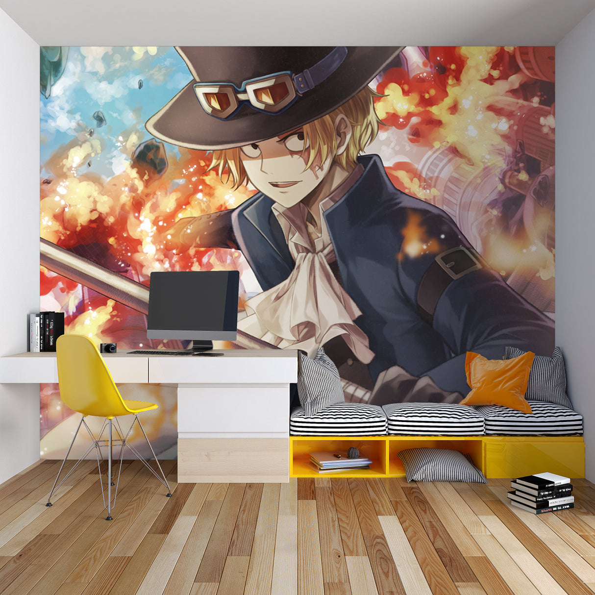 Urban apartment featuring dramatic anime wall art with character and fire elements