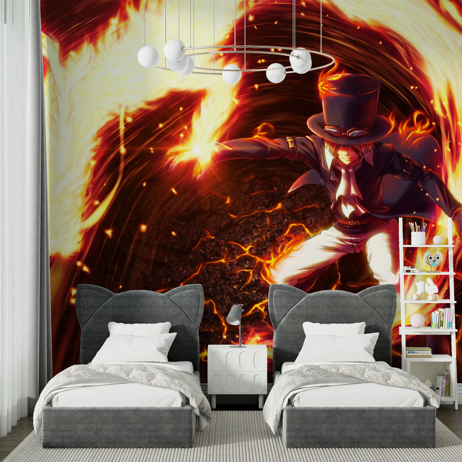 Teen bedroom transformed with dynamic anime battle wallpaper featuring striking flame effects