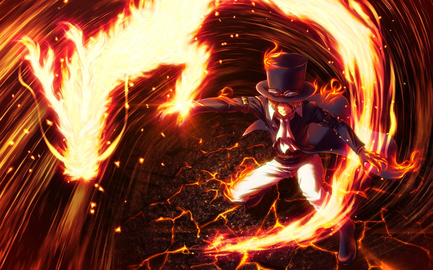 Design file showing detailed anime battle scene pattern with fire effects and character in formal attire