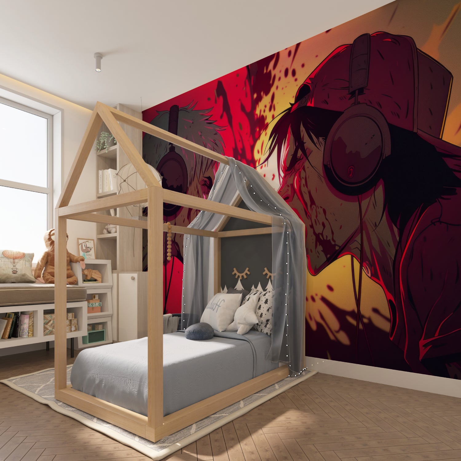 Gaming room with anime mural wallpaper showing stunning red and black design in evening lighting