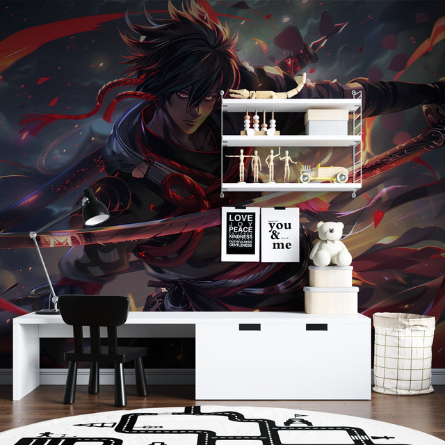 Anime battle scene wallpaper creating dramatic impact in modern gaming room with black and red tones