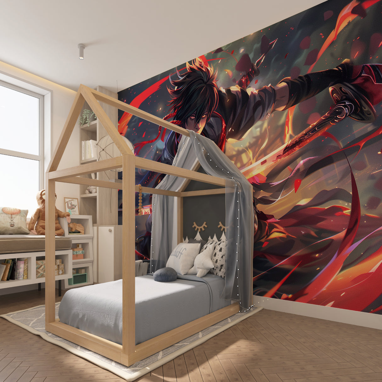 Dynamic anime mural displayed in teen bedroom showing scale and atmosphere