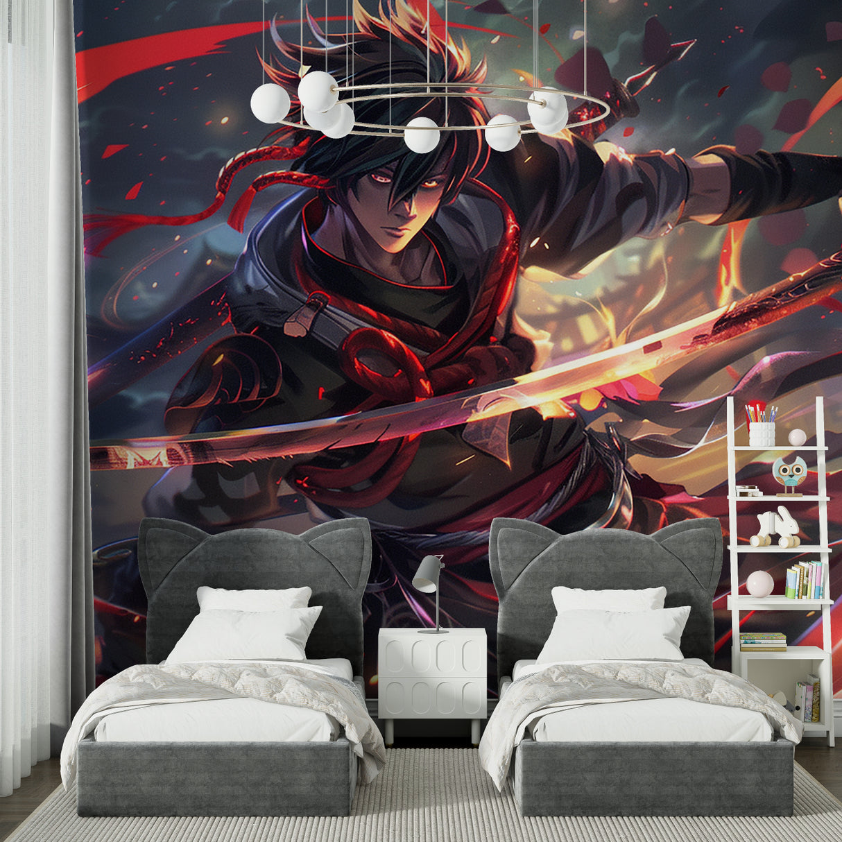 Anime wall mural showcased in entertainment room with gaming setup