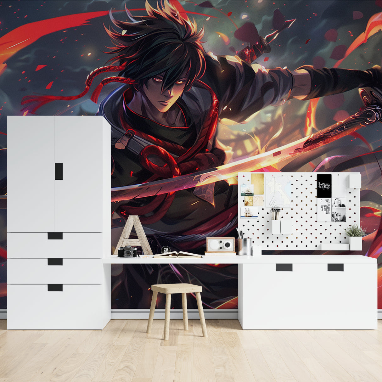 Japanese anime battle scene enhancing modern home office space