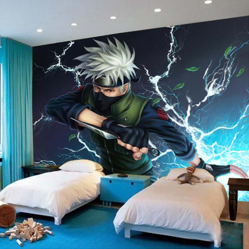 Manga ninja mural in gaming setup showing scale and impact