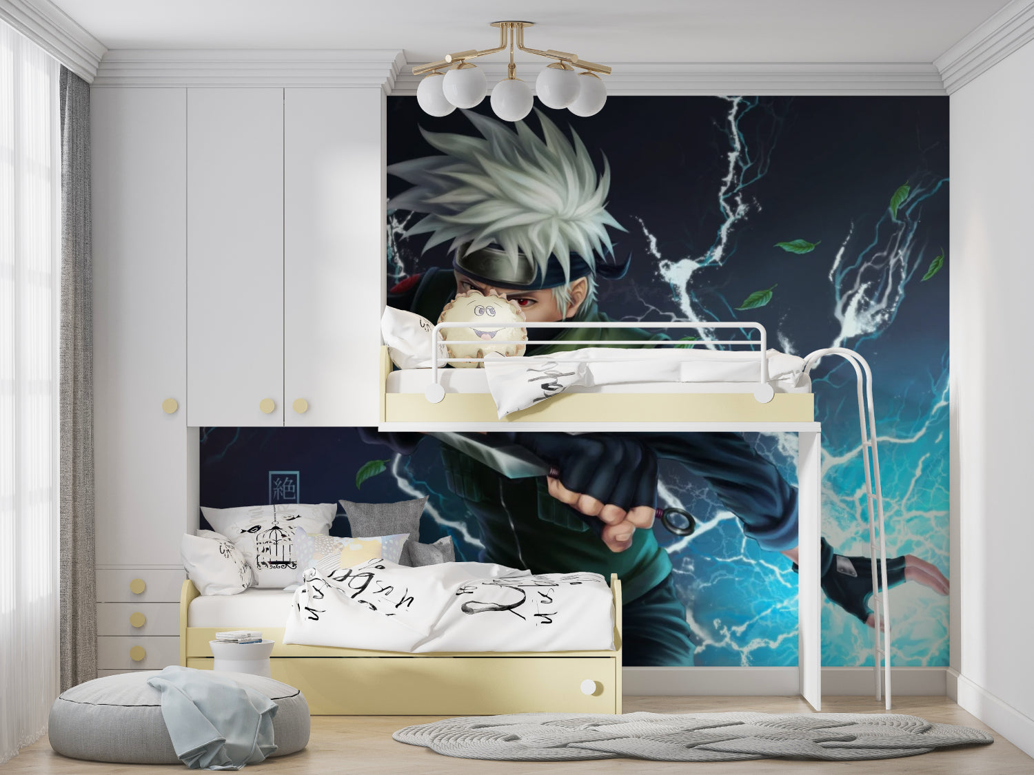 Manga battle scene mural in home office showing versatile application