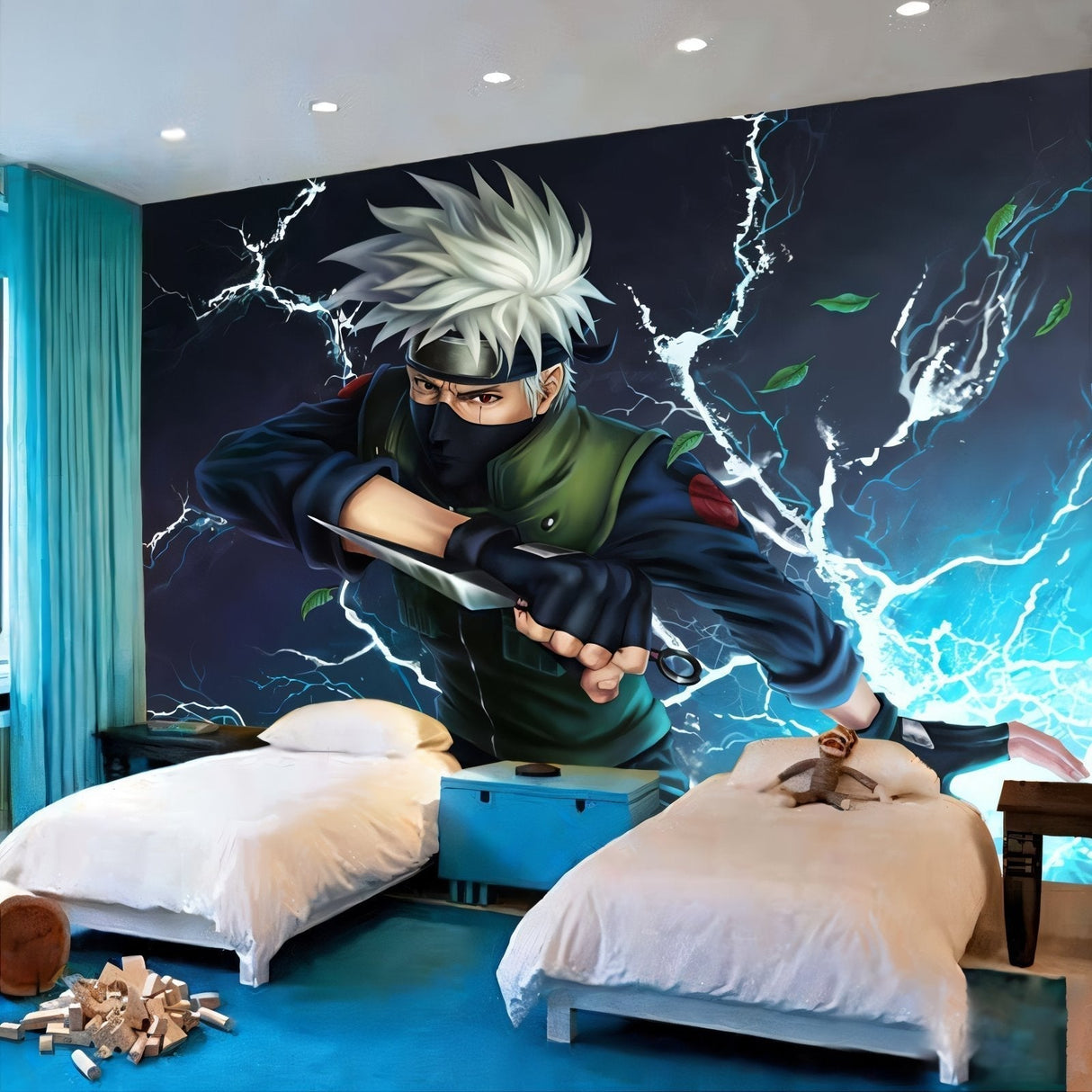 Ninja anime wallpaper creating focal point in modern living space