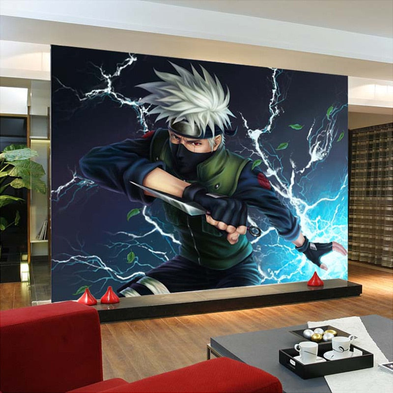 Anime battle wallpaper in teen hangout space with modern decor
