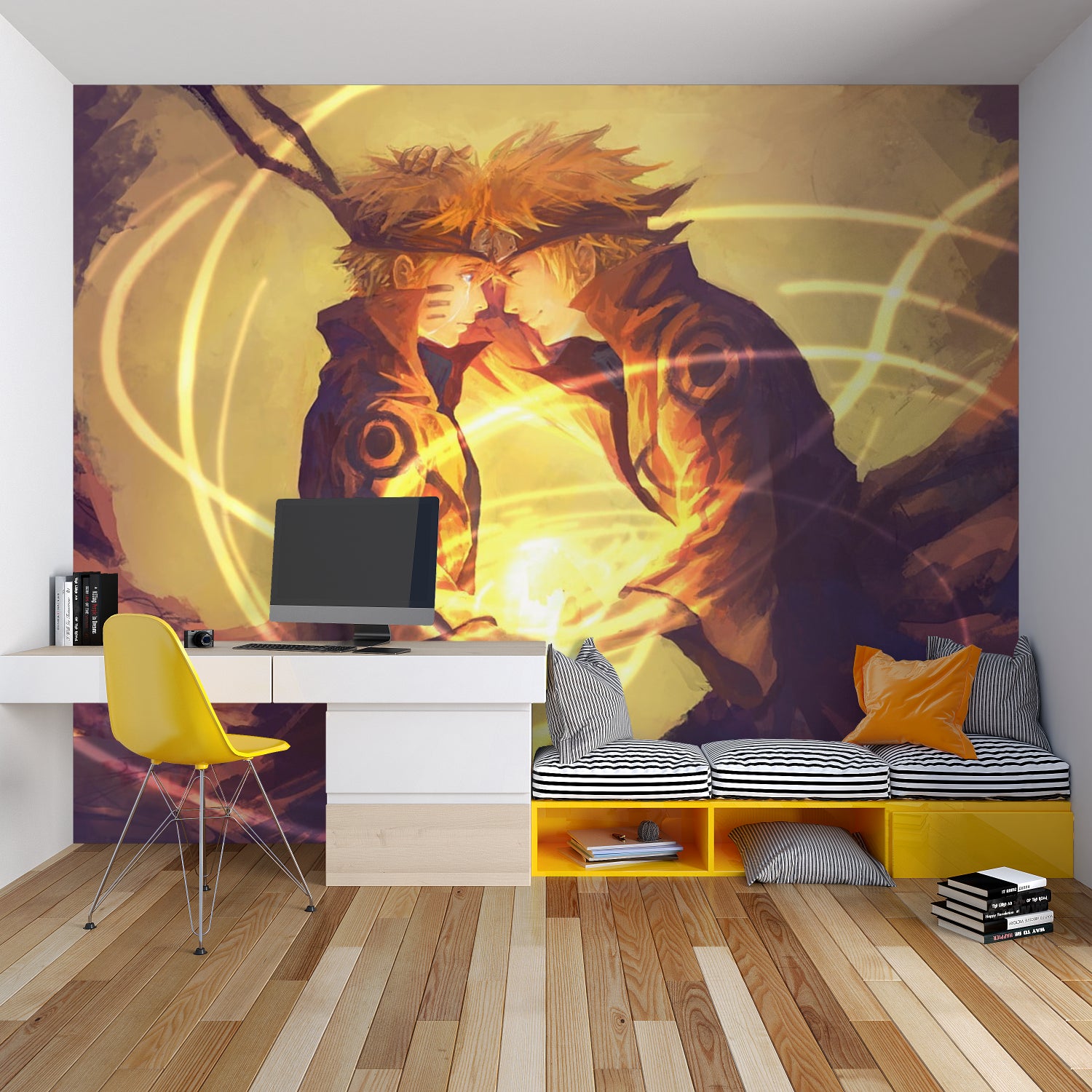 Japanese anime wallpaper transforming a home office with vibrant orange combat scene