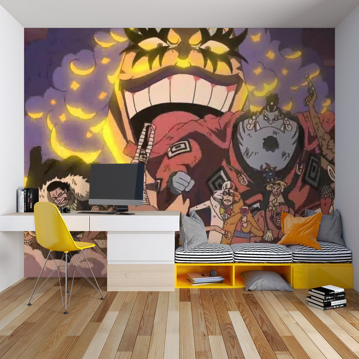 Manga-inspired wall mural creating atmosphere in a teen bedroom with LED lighting