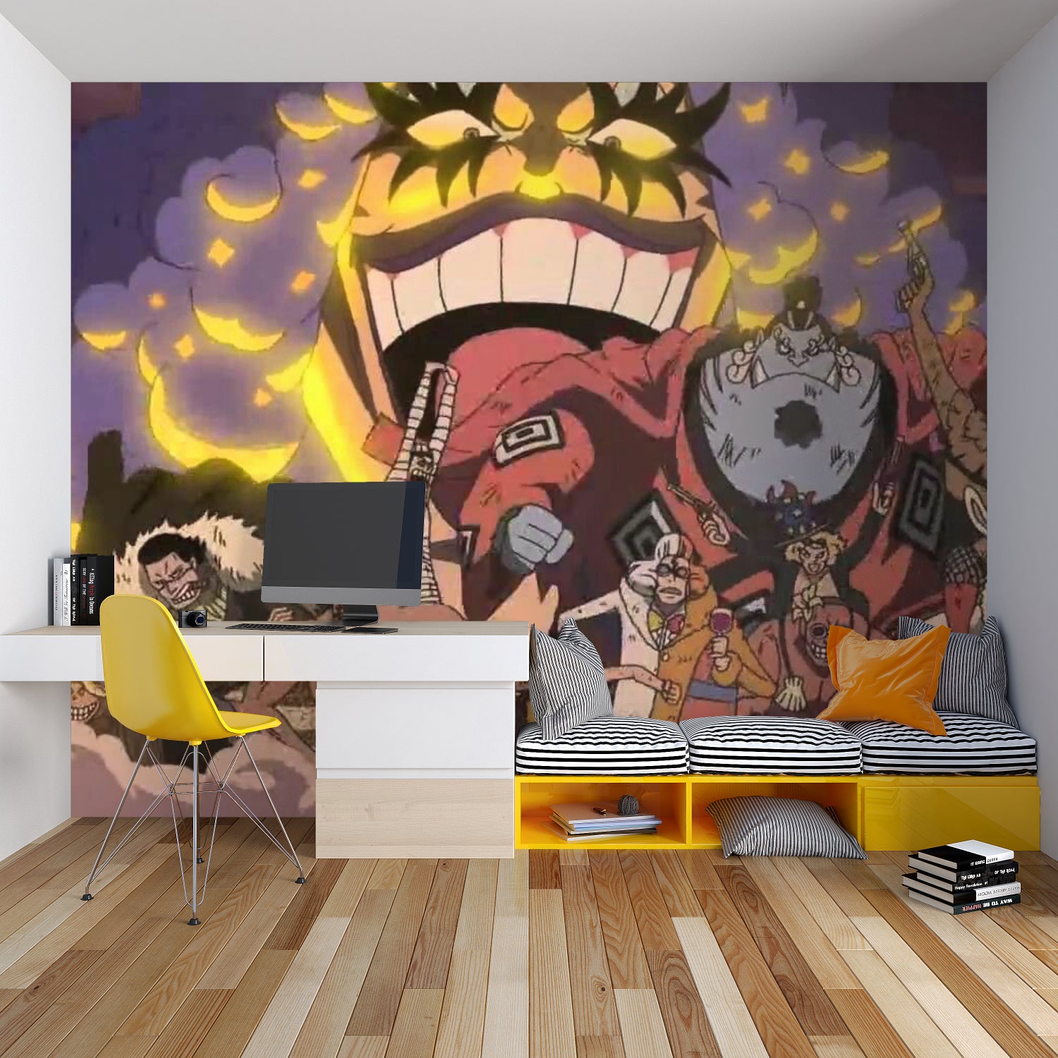 Manga-inspired wall mural creating atmosphere in a teen bedroom with LED lighting