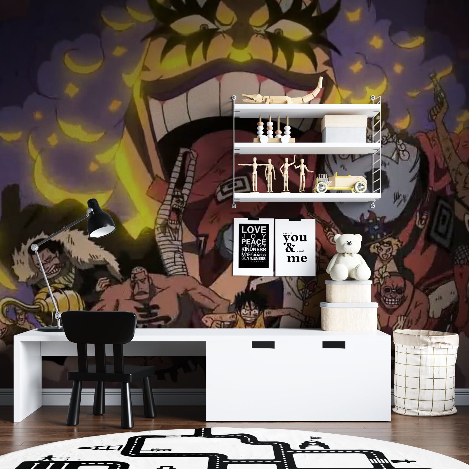 Purple and yellow anime mural bringing character to a creative workspace