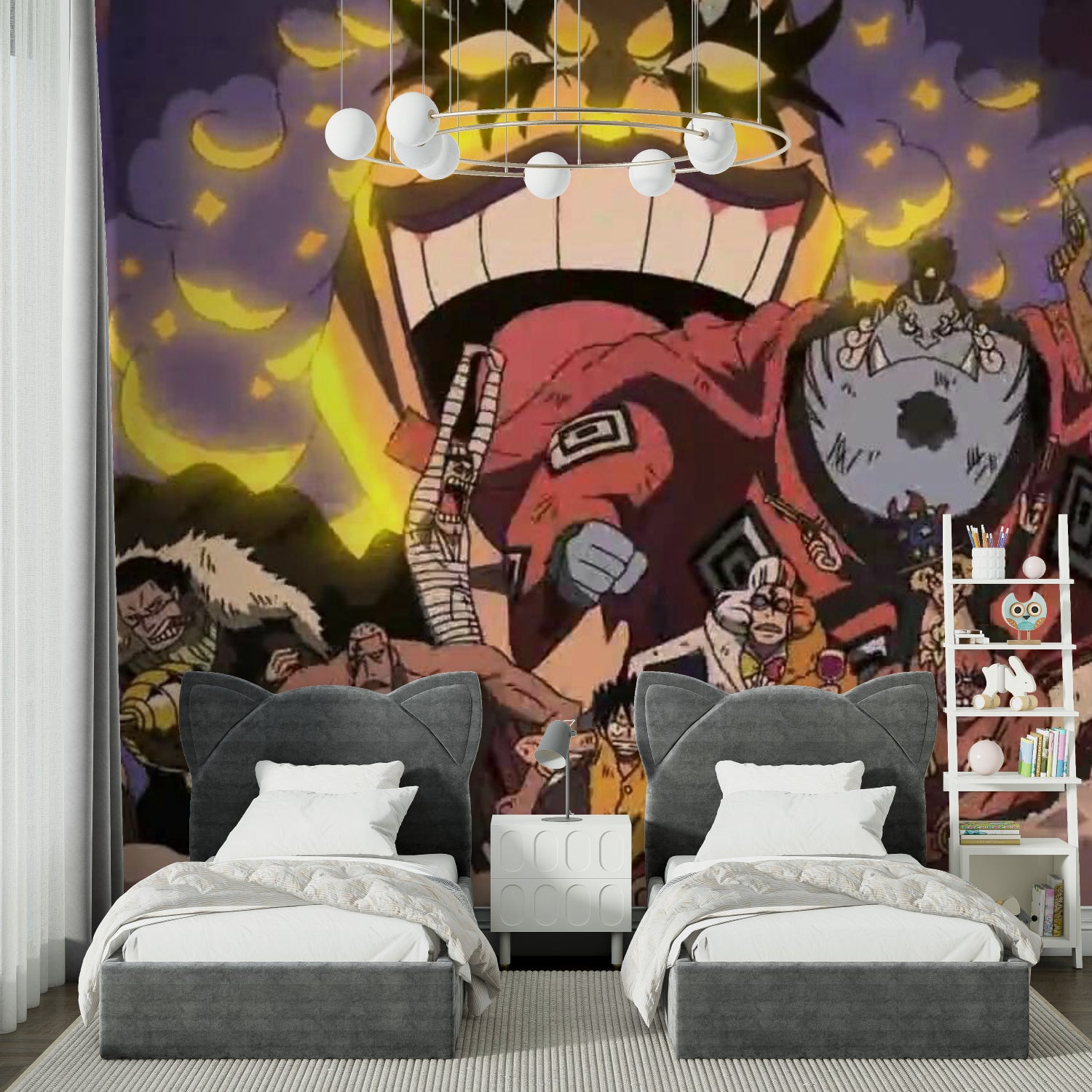 Japanese anime wallpaper showcased in a modern entertainment room