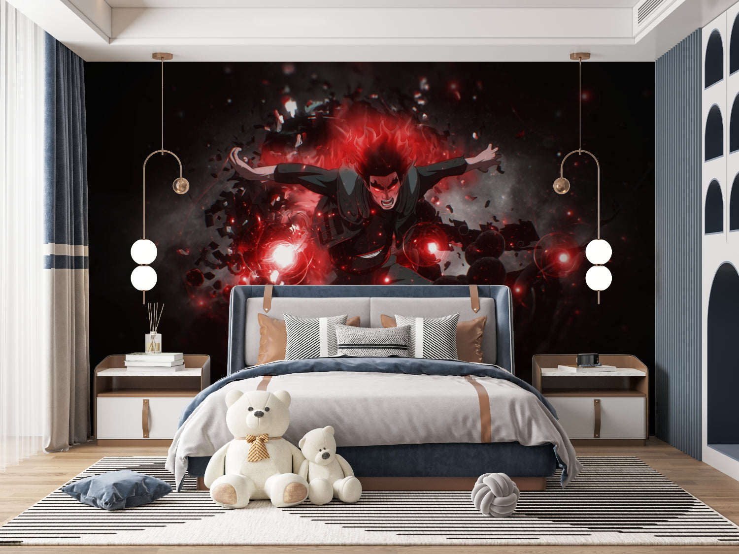 Anime battle wallpaper bringing energy to a modern gaming room with red and black dynamic design
