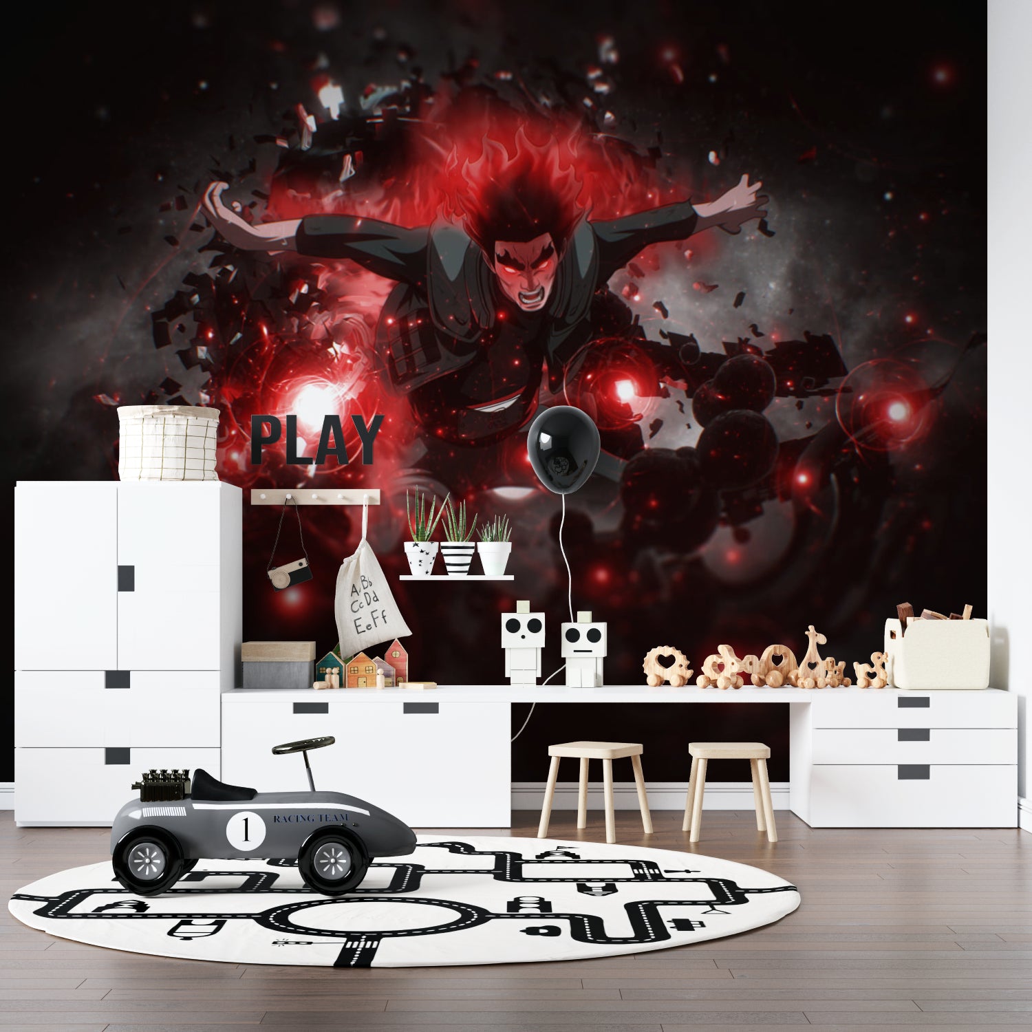 Manga-inspired wall mural creating bold impact in a contemporary living space