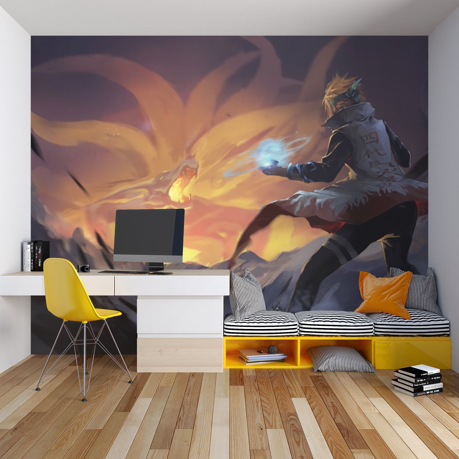 Epic anime battle mural adding character to a media room with sunset colors