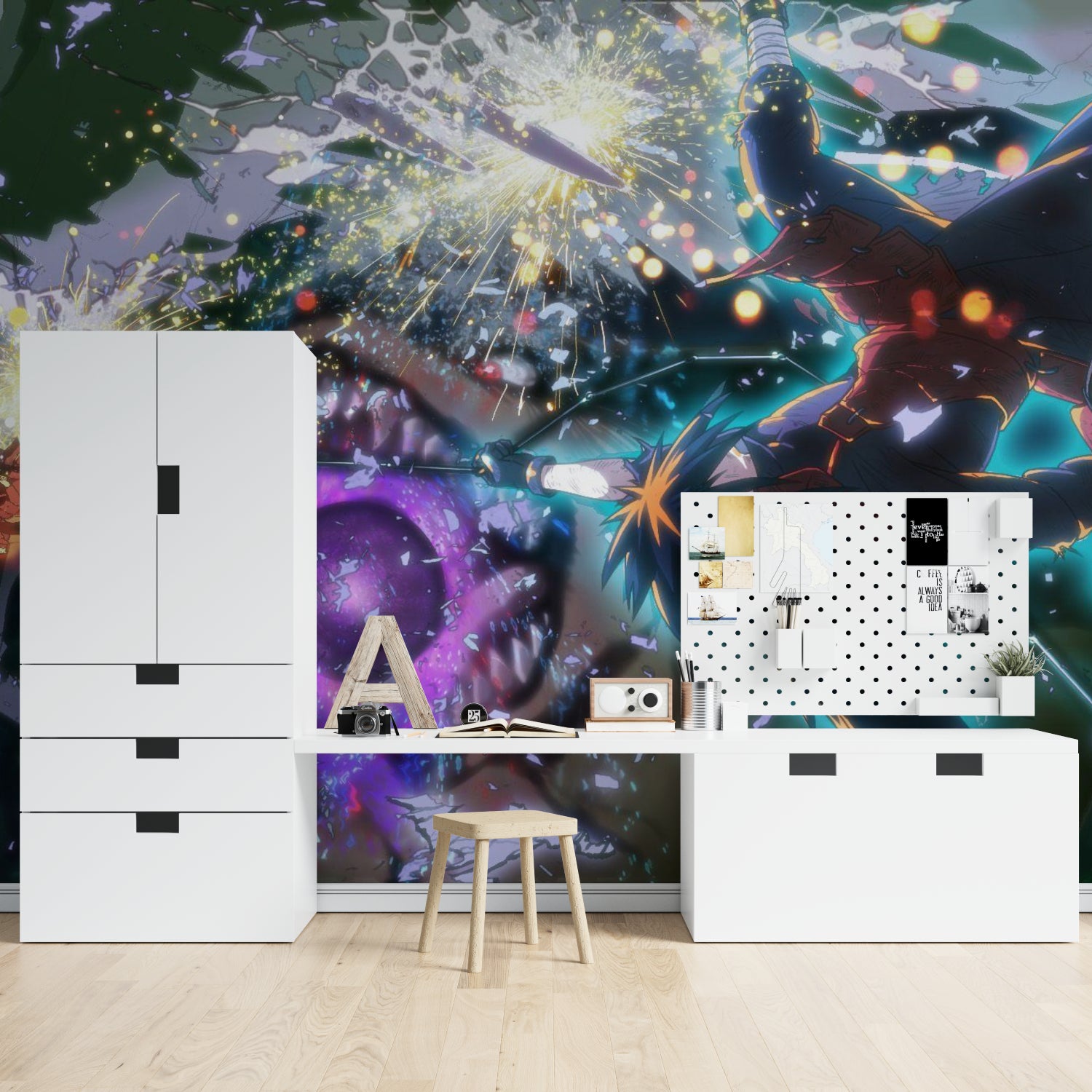 Dynamic anime mural with cosmic effects transforming a home theater space