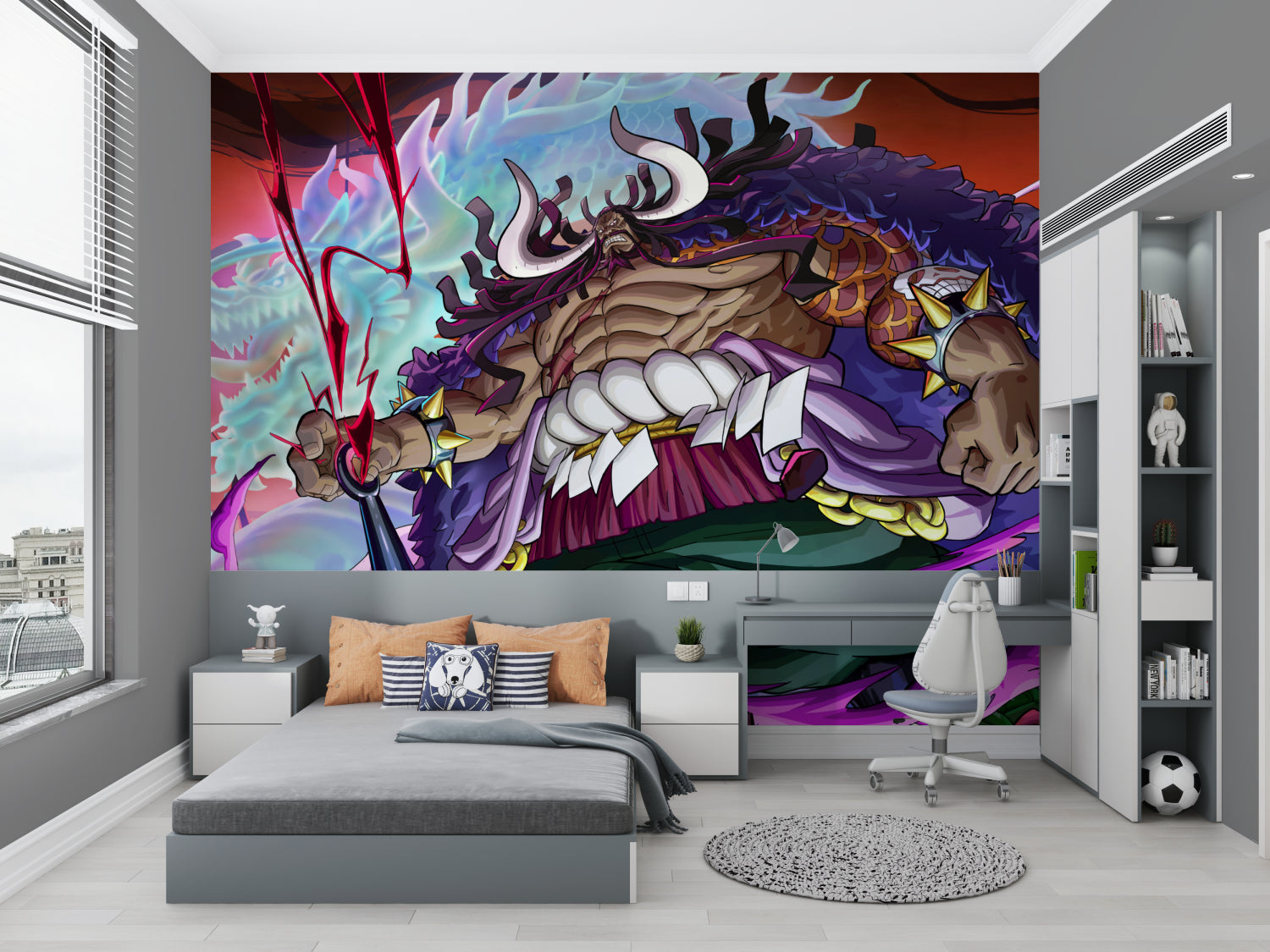 Anime wall mural showing dynamic battle scene in a stylish entertainment room