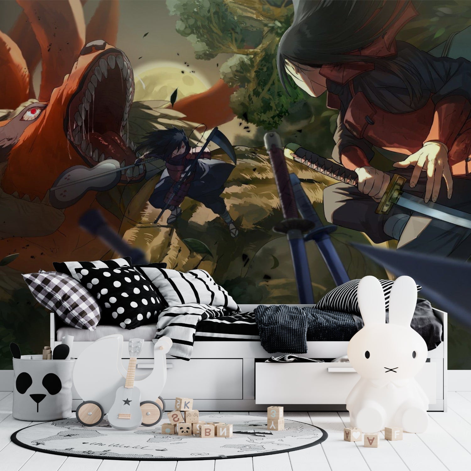 Anime battle scene wallpaper bringing energy to a modern gaming room setup with LED lighting