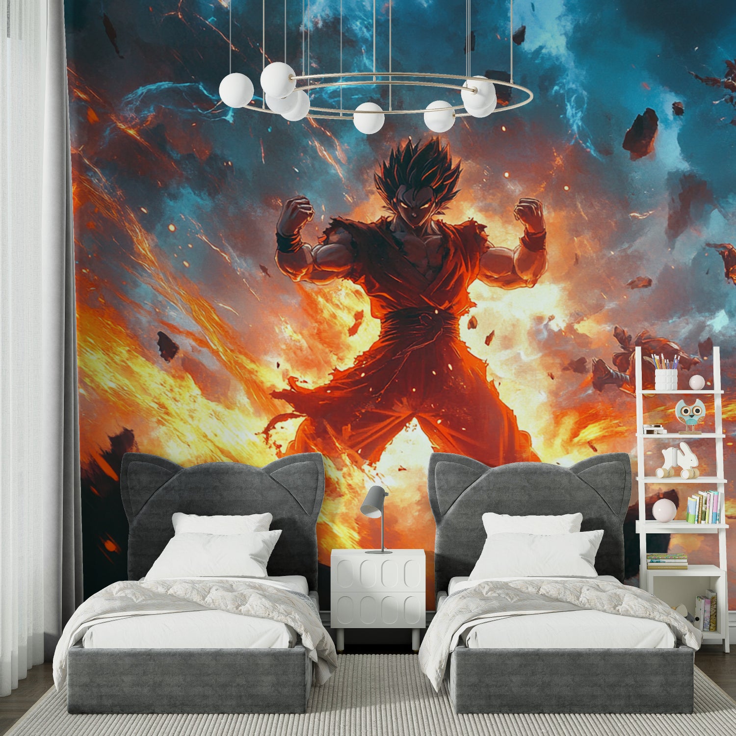 Space battle mural bringing energy to contemporary living room