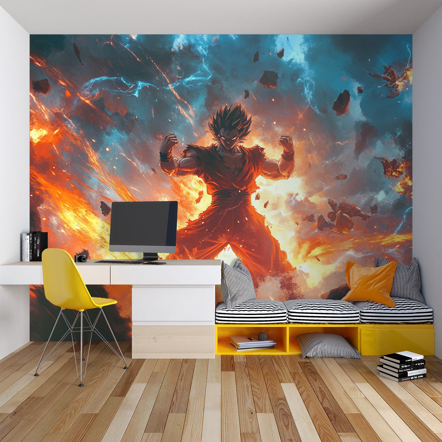 Cosmic anime wallpaper installed in stylish entertainment room