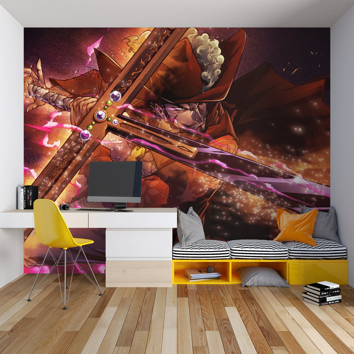 Japanese anime warrior wallpaper design showcased in contemporary living room