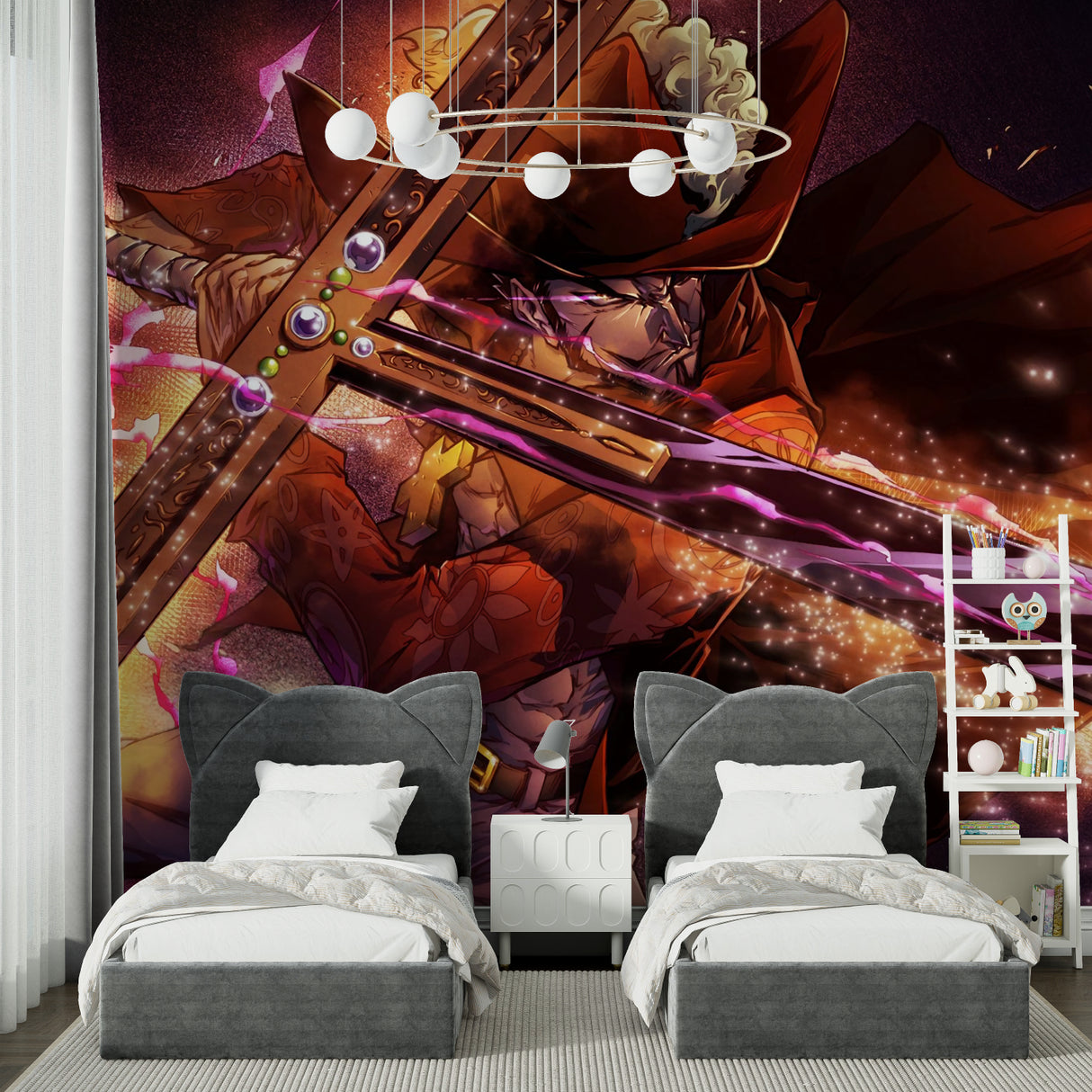 Anime fantasy mural creating artistic statement in home office setup