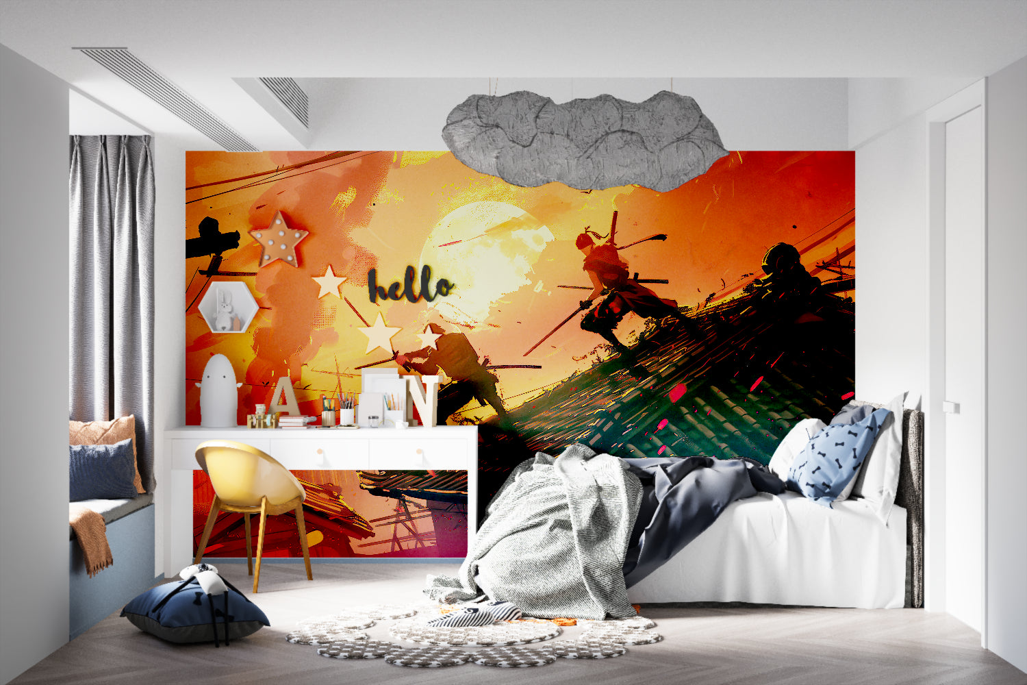 Japanese warriors wallpaper making statement in home office with golden hues