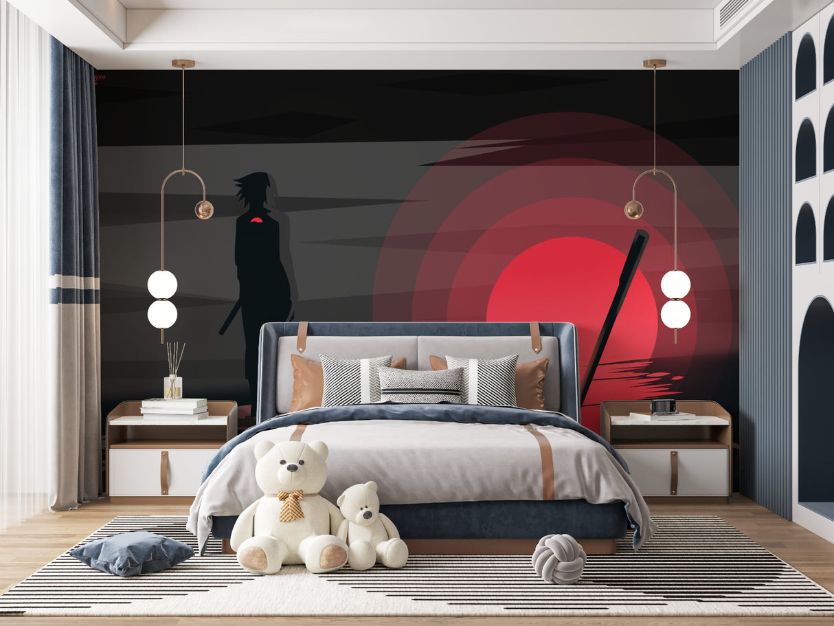 Modern Japanese anime wallpaper mural shown in a minimalist living room with black furniture
