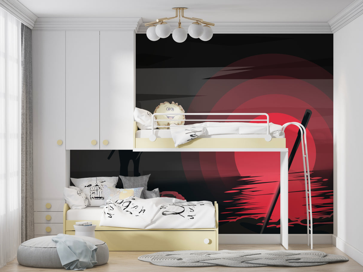 Samurai wall mural creating dramatic atmosphere in gaming room setup