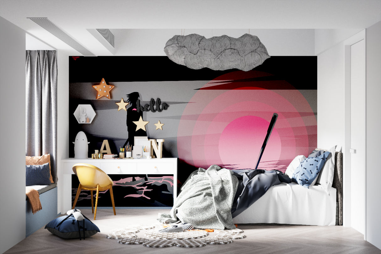 Anime wall mural showcased in teen bedroom with red accents
