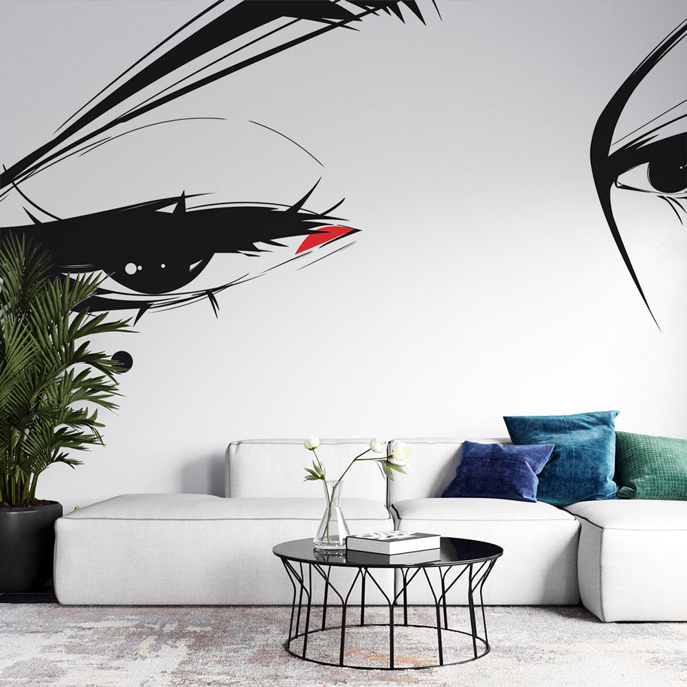 Modern anime line art wallpaper creating dramatic impact in a minimalist living room with black and red accent wall