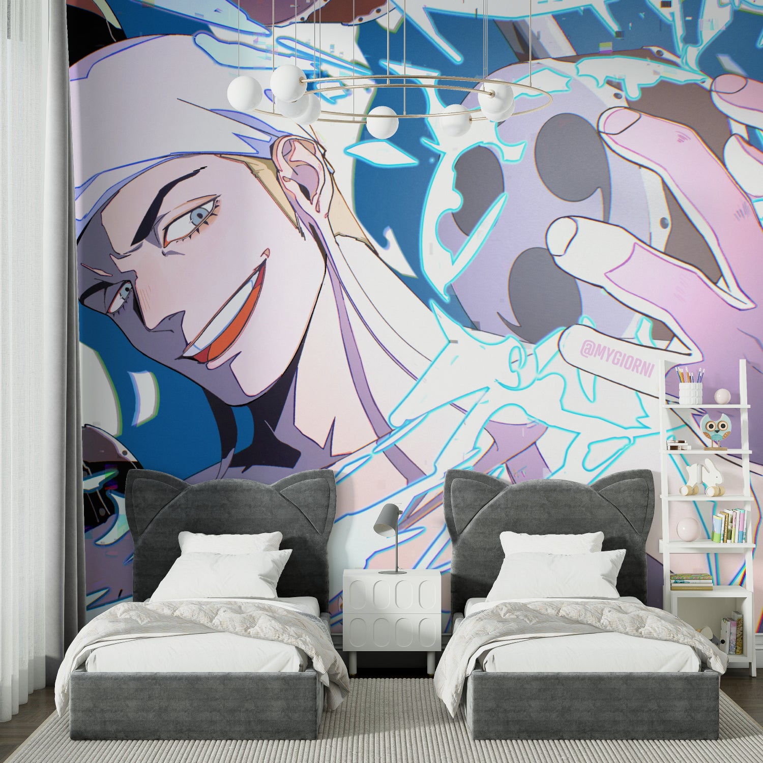 Anime Wall Mural in a stylish living room, manga art design adding contemporary flair