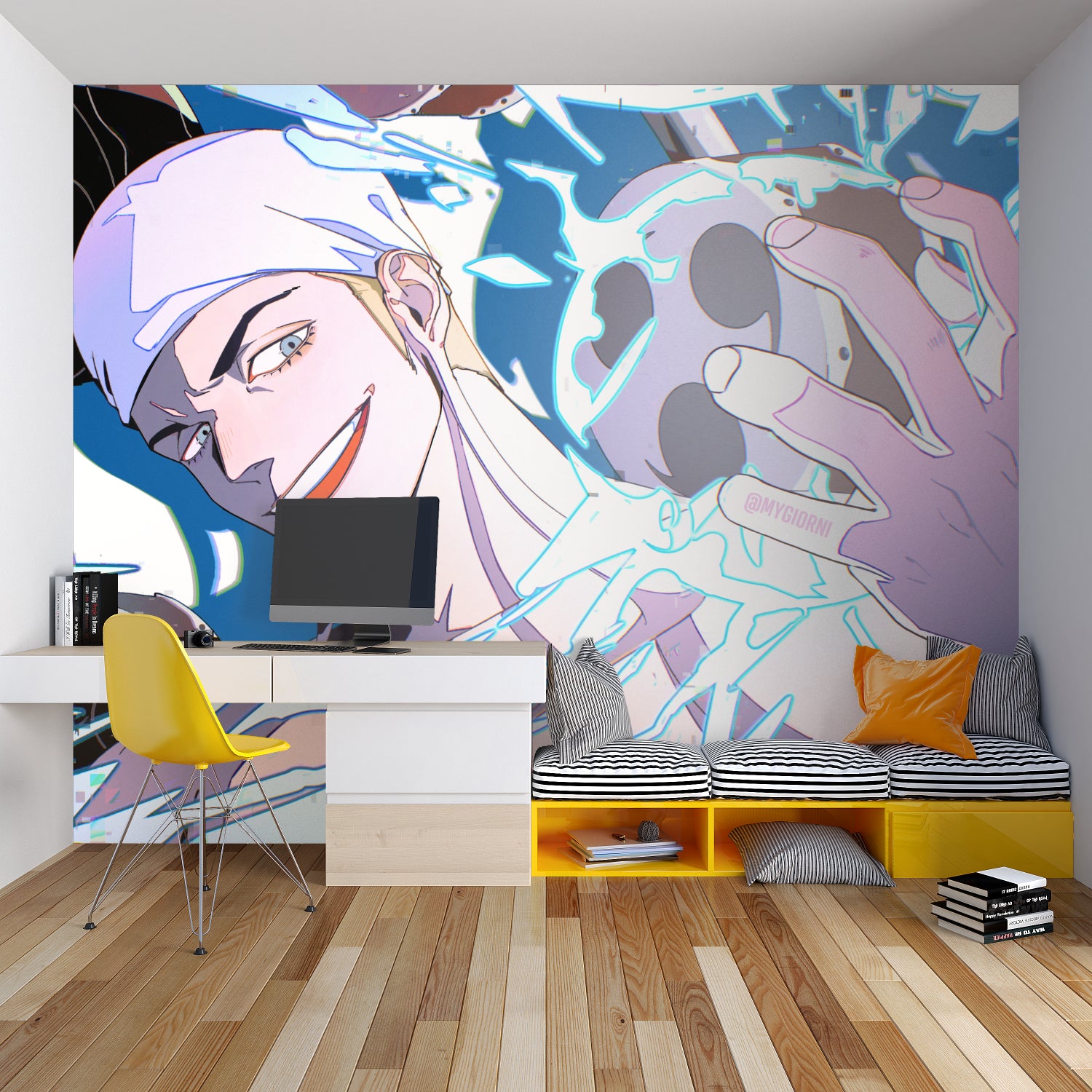 Blue and Purple Anime Mural bringing energy to a creative studio space